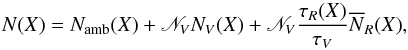 \begin{equation} \label{Eq-Coldens} N({X}) = N_{\rm amb}({X}) + \mathscr{N}_V N_V({X}) + \mathscr{N}_V {\tau_R({X}) \over \tau_V} {\overline N_R({X})}, \end{equation}