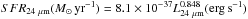 \hbox{$SFR_{\rm 24~\mu m} (M_\odot\, {\rm yr}^{-1})= 8.1 \times 10^{-37} L_{\rm 24~\mu m}^{0.848} ({\rm erg\, s^{-1}})$}