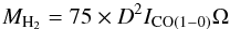 \begin{equation} M_{\rm H_{2}}=75 \times D^{2}I_{\rm CO(1{-}0)}\Omega \label{eq:mh2} \end{equation}