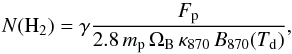 \begin{equation} \coldhtwo = \gamma \frac{F_{\rm p}}{2.8 \usk m_{\rm p} \usk \Omega_{\rm B} \usk \kappa_{870} \usk B_{870}(\td)}, \label{eq:cold_h2_schuller} \end{equation}
