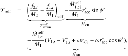 \begin{eqnarray} \mathcal{T}_{\mathrm{self}}& = & \underbrace{\left(\frac{f_{2,t}}{M_{2}}-\frac{f_{1,t}}{M_{1}}\right)_{\mathrm{self}}}_{\mathcal{F}_{\mathrm{stream}}^{\mathrm{self}}} \underbrace{-\frac{\ddot{M}_{1,\mathrm{ej}}^{\mathrm{self}}}{M_{1}}r_{\mathrm{acc}}^{*}\sin\psi^{*}}_{\mathcal{H}_{\mathrm{self}}}\nonumber \\ & & \underbrace{-\frac{\dot{M}_{1,\mathrm{ej}}^{\mathrm{self}}}{M_{1}}(V_{1,t}-V_{1,t}^{*}+\omega r_{\mathcal{L}_{1}}-\omega r^{*}_{\mathrm{acc}}\cos\psi^{*})}_{\mathcal{G}_{\mathrm{self}}}, \label{eq:Ty_self} \end{eqnarray}
