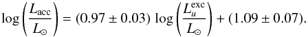 \begin{equation} \label{eqn:Lacc_Lu} \log\left(\frac{L_{\rm acc}}{L_\odot}\right)=(0.97\pm0.03)\,\log\left(\frac{L_u^{\rm exc}}{L_\odot}\right)+(1.09\pm0.07). \end{equation}