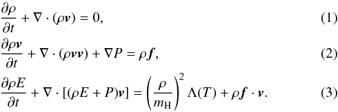 \begin{eqnarray} &&\frac{\partial\rho}{\partial t} + \nabla \cdot (\rho \vec{v}) = 0, \\ &&\frac{\partial\rho\vec{v}}{\partial t} + \nabla\cdot(\rho\vec{vv}) + \nabla P = \rho\vec{f},\\ &&\frac{\partial\rho E}{\partial t} + \nabla\cdot[(\rho E + P)\vec{v}] = \left(\frac{\rho}{m_{\rm H}}\right)^{2}\Lambda(T) + \rho \vec{f}\cdot \vec{v}. \end{eqnarray}