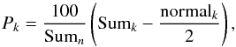 \begin{equation} P_{k} = \frac{100}{{\rm Sum}_{n}} \left({\rm Sum}_{k} - \frac{{\rm normal}_{k}}{2} \right) , \end{equation}