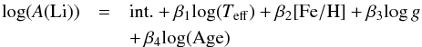 \begin{eqnarray} \label{reg_basic} \mathrm{log({\it A}(Li))} & = & \mathrm{int.} + \beta_1 \mathrm{log(}T_{\rm eff}\mathrm{)} + \beta_2 [{\rm Fe/H}] + \beta_3 \mathrm{log}\,g \\ \nonumber && + \, \beta_4 \mathrm{log(Age)} \end{eqnarray}
