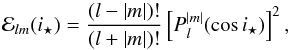 \appendix \setcounter{section}{1} \begin{equation} \mathcal{E}_{l m}(i_{\star}) = \frac{(l - |m|)!}{(l + |m|)!}\left[P^{|m|}_{l} (\cos i_{\star}) \right]^2 , \label{eq:epsilon} \end{equation}