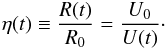 \begin{eqnarray} \eta(t)\equiv \frac{R(t)}{R_0}=\frac{U_0}{U(t)}\cdot \label{eq:eta} \end{eqnarray}