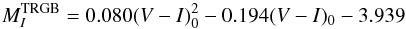 \begin{equation} M_I^{\rm TRGB} = 0.080(V-I)_0^2 -0.194(V-I)_0 -3.939 \end{equation}