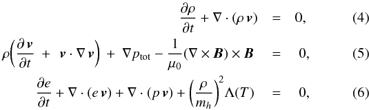 \begin{eqnarray} \frac{\partial \rho}{\partial t}+\nabla \cdot (\rho \vel)&=&0, \\ \rho \biggl(\frac{\partial \vel}{\partial t}~+~\vel\cdot\nabla\vel\biggr)~+~\nabla p_{\rm tot} -\frac{1}{\mu_0}(\nabla\times\Bfield)\times\Bfield~&=&~0, \\ \frac{\partial e}{\partial t} +\nabla \cdot (e {\vel} ) + \nabla \cdot (p\vel)+\biggl(\frac{\rho}{m_h}\biggr)^2 \Lambda(T)~&=&~0, \label{eq:mhd} \end{eqnarray}