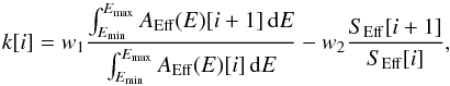 \begin{equation} \label{eq:genetic} k[i]=w_1\frac{\int_{E_{\rm min}}^{E_{\rm max}} A_{\rm Eff}(E)[i+1]\, {\rm d}E}{\int_{E_{\rm min}}^{E_{\rm max}} A_{\rm Eff}(E)[i]\, {\rm d}E}-w_2\frac{S_{\rm Eff}[i+1]}{S_{\rm Eff}[i]}, \end{equation}