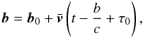 \begin{eqnarray} \label{eq:apparent-path-vtrue} \vec{b}=\vec{b}_0+\bar{\vec{v}}\left(t-\frac{b}{c}+\tau_0\right), \end{eqnarray}