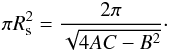 \begin{eqnarray} \pi \Rt^2 = \frac{2\pi}{\sqrt{4 A C - B^2}} \cdot \label{140727b} \end{eqnarray}