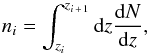 Mathematical equation: \begin{equation} n_i = \int_{z_i}^{z_{i\,+\,1}} {\rm d}z {{\rm d}N \over {\rm d}z}, \end{equation}