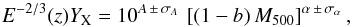 Mathematical equation: \appendix \setcounter{section}{1} \begin{equation} E^{-2/3}(z)\YX= 10^{A\,\pm\,\sigma_{{A}}} \, \left[(1-b)\,\Mv\right]^{\alpha\,\pm \,\sigma_{\mathrm{\alpha}}} , \label{eq:yx_mg} \end{equation}