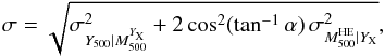 Mathematical equation: \appendix \setcounter{section}{1} \begin{equation} \sigma = \sqrt{\sigma_{{\YSZ\mid\Mvy}}^2 + 2 \cos^2(\tan^{-1}{\alpha})\,\sigma_{{ \Mvh\mid\YX}}^2 }, \label{eq:scatym} \end{equation}