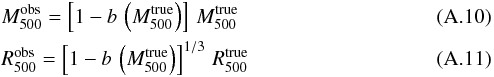 Mathematical equation: \appendix \setcounter{section}{1} \begin{eqnarray} \label{eq:mot} &&\Mv^{\mathrm{ obs}} = \left[1-b\, \left(\Mv^{\mathrm{true}} \right) \right] \,\Mv^{\mathrm{ true}}\, \\ && \Rv^{\mathrm{ obs}} = \left[1-b\, \left(\Mv^{\mathrm{true}} \right) \right]^{1/3}\,\Rv^{\mathrm{ true}} \end{eqnarray}