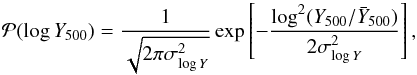 Mathematical equation: \begin{equation} {\cal P}(\log Y_{500})={1\over \sqrt{2\pi\sigma_{\log Y}^2}}\exp\left[{-\frac{\log^2(Y_{500}/{\bar Y}_{500})}{ 2\sigma_{\log Y}^2}}\right], \label{eq:scatter} \end{equation}