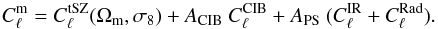 Mathematical equation: \begin{equation} C_{\ell}^{\mathrm{m}} = C_{\ell}^{\mathrm{tSZ}} (\Omega_{\mathrm{m}}, \sigma_{8}) + A_{\mathrm{CIB}} \ C_{\ell}^{\mathrm{CIB}} + A_{\mathrm{PS}} \ (C_{\ell}^{\mathrm{IR}} + C_{\ell}^{\mathrm{Rad}}). \end{equation}