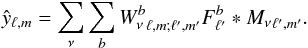 Mathematical equation: \appendix \setcounter{section}{1} \begin{equation} \hat{y}_{\ell,m} = \sum_{\nu} \sum_{b} {W_{\nu}^{b}}_{\ell,m;\ell^{\prime},m^{\prime}} F^{b}_{\ell^{\prime}} * {M_{\nu}}_{\ell^{\prime},m^{\prime}}. \end{equation}