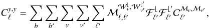 Mathematical equation: \appendix \setcounter{section}{1} \begin{equation} C_{\ell}^{y,y} = \sum_{b} \sum_{b^{\prime}} \sum_{\nu} \sum_{\nu^{\prime}} \sum_{\ell^{\prime}} \cal{M}_{\ell,\ell^{\prime}}^{W_{\nu}^{b},W_{\nu^{\prime}}^{b^{\prime}}} F^{b}_{\ell^{\prime}} F^{b^{\prime}}_{\ell^{\prime}} C_{\ell^{\prime}}^{M_{\nu},M_{\nu^{\prime}}}, \label{cldefinition} \end{equation}