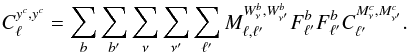 Mathematical equation: \appendix \setcounter{section}{1} \begin{equation} C^{y^{c},y^{c}}_{\ell} = \sum_{b} \sum_{b^{\prime}} \sum_{\nu} \sum_{\nu^{\prime}} \sum_{\ell^{\prime}} M_{\ell,\ell^{\prime}}^{W_{\nu}^{b},W_{\nu^{\prime}}^{b}} F^{b}_{\ell^{\prime}} F^{b}_{\ell^{\prime}} C_{\ell^{\prime}}^{M^{c}_{\nu},M^{c}_{\nu^{\prime}}}. \end{equation}