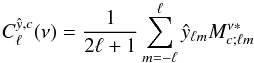 Mathematical equation: \appendix \setcounter{section}{1} \begin{equation} C_\ell^{\hat{y},c}(\nu) = \frac{1}{2\ell+1}\sum_{m=-\ell}^{\ell} \hat{y}_{\ell m} M^{\nu *}_{c;\ell m} \end{equation}