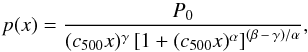Mathematical equation: \begin{equation} {p}(x) = \frac{P_{0}} {(c_{500}x)^{\gamma}\left[1+(c_{500}x)^\alpha\right]^{(\beta\,-\,\gamma)/\alpha}} , \label{eq:pgnfw} \end{equation}