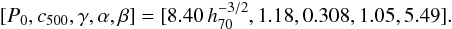 Mathematical equation: \begin{equation} [P_{0} ,c_{500},\gamma,\alpha,\beta] = [8.40\,h_{70}^{-3/2},1.18,0.308,1.05,5.49] . \label{eq:pargnfw} \end{equation}