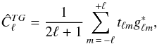 Mathematical equation: \begin{equation} \hat{C}_{\ell}^{{TG}} = \frac{1}{2\ell + 1} \sum_{m\,=\,-\ell}^{+\ell} t_{\ell m} g_{\ell m}^*, \label{eq:opt_caps} \end{equation}