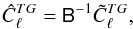Mathematical equation: \begin{equation} \label{eq:pcaps} \hat{C}_{\ell}^{{TG}} = \tens{B}^{-1}\tilde{C}_{\ell}^{{TG}}, \end{equation}