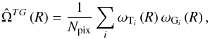 Mathematical equation: \begin{equation} \hat{\Omega}^{{TG}}\left(R\right) = \frac{1}{N_\mathrm{pix}}\sum_{i}\omega_{{\rm T}_i}\left(R\right) \omega_{{\rm G}_i}\left(R\right), \label{eq:smhwcov} \end{equation}