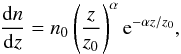 Mathematical equation: \begin{equation} \frac{\mathrm{d}n}{\mathrm{d}z} = n_0 \left( \frac{z}{z_0} \right)^\alpha {\rm e}^{-\alpha z / z_0} , \label{eqn:bias} \end{equation}