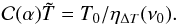 Mathematical equation: \begin{equation} \cc(\alpha)\tilde{T} = T_0 / \eta_{\Delta T}(\nu_0). \label{eq:correctedKCMB} \end{equation}