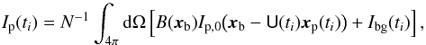 Mathematical equation: \begin{equation} \label{eq:planets:row} \PlanetI(t_i) = N^{-1} \int_{4\pi}\ud\Omega \left[\BeamRd(\Pointing) \PlanetIz\bigl(\Pointing-\RotBeamObs(t_i)\PlanetPointing(t_i)\bigr) + \BackgroundI(t_i)\right], \end{equation}