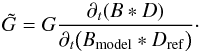 Mathematical equation: \begin{equation} \label{eq:gainReconstructionWithSidelobes} \tilde{G} = G \frac{\timeder(B*D)}{\timeder\bigl(B_\mathrm{model} * D_\mathrm{ref}\bigr)}\cdot \end{equation}