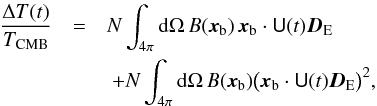 Mathematical equation: \appendix \setcounter{section}{1} \begin{eqnarray} \frac{\DeltaTDipole(t)}{\Tcmb} &= &N \int_{4\pi} \ud\Omega\,\BeamRd(\Pointing)\,\Pointing \cdot \RotBeamObs(t)\DipoleE \nonumber\\ &&\ + N \int_{4\pi} \ud\Omega\,\BeamRd(\Pointing) \bigl(\Pointing \cdot \RotBeamObs(t)\DipoleE\bigr)^2, \end{eqnarray}