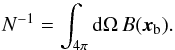 Mathematical equation: \appendix \setcounter{section}{1} \begin{equation} \label{eq:beamConvolveNormalizationConstant} N^{-1} = \int_{4\pi} \ud\Omega\,B(\Pointing). \end{equation}
