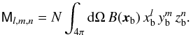 Mathematical equation: \appendix \setcounter{section}{1} \begin{equation} \label{eq:directional:moments} \RadiometerM{l,m,n} = N \int_{4\pi} \ud\Omega\,\BeamRd(\Pointing)\,\PointingBx^l\,\PointingBy^m\,\PointingBz^n. \end{equation}
