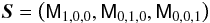 Mathematical equation: \appendix \setcounter{section}{1} \begin{equation} \label{eq:radiometerS} \Svector= \bigl(\RadiometerM{1,0,0},\RadiometerM{0,1,0},\RadiometerM{0,0,1}\bigr) \end{equation}