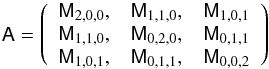 Mathematical equation: \appendix \setcounter{section}{1} \begin{equation} \label{eq:radiometerA} \RadiometerA=\left( \begin{array}{ccc} \RadiometerM{2,0,0}, & \RadiometerM{1,1,0}, & \RadiometerM{1,0,1} \\ \RadiometerM{1,1,0}, & \RadiometerM{0,2,0}, & \RadiometerM{0,1,1} \\ \RadiometerM{1,0,1}, & \RadiometerM{0,1,1}, & \RadiometerM{0,0,2} \\ \end{array} \right) \end{equation}