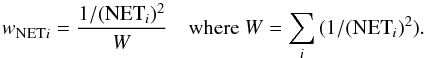 Mathematical equation: \begin{equation} \label{eq:NoiseNorm} w_{\mbox{\scalebox{0.75}{NET}}i} = \displaystyle\frac{1/(\mbox{NET}_i)^2}{W} \quad \mbox{where } W = \sum_i{(1/(\mbox{NET}_i)^2)} . \end{equation}