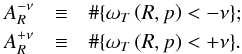 Mathematical equation: \begin{eqnarray} A_R^{-\nu} & \equiv & \# \lbrace \omega_T\left(R,p\right) < -\nu \rbrace;\\ A_R^{+\nu} & \equiv & \# \lbrace \omega_T\left(R,p\right) < +\nu \rbrace.\nonumber \end{eqnarray}