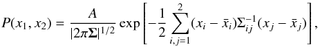 Mathematical equation: \appendix \setcounter{section}{2} \begin{equation} \label{eq:2dGaussian} P(x_1,x_2) = \frac{A}{|2\pi\vec{\Sigma}|^{1/2}}\exp\left[-\frac12\sum_{i,j=1}^{2}(x_i-{\bar x}_i)\Sigma^{-1}_{ij}(x_j-{\bar x}_j)\right], \end{equation}