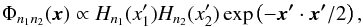Mathematical equation: \appendix \setcounter{section}{2} \begin{equation} \Phi_{n_1n_2}(\vec{x}) \propto H_{n_1}({x_1'}) H_{n_2}({x_2'}) \exp\left(-\vec{x'}\cdot \vec{x'}/2\right), \end{equation}