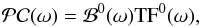 Mathematical equation: \begin{equation} \label{eq:tffit1} \mathcal{PC}(\omega) = \mathcal{B}^{0}(\omega) {\rm TF}^{0}(\omega), \end{equation}