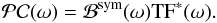 Mathematical equation: \begin{equation} \label{eq:tffit2} \mathcal{PC}(\omega) = \mathcal{B}^{\rm{sym}}(\omega) {\rm TF}^{*}(\omega). \end{equation}