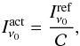 Mathematical equation: \appendix \setcounter{section}{1} \begin{equation} \label{cc_2} I_{\nu_0}^{\mathrm{act}} = \frac{I_{\nu_0}^{\mathrm{ref}}}{\cal C} , \end{equation}