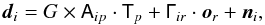 Mathematical equation: \begin{equation} \vec{d}_i = G \times \tens{A}_{ip}\cdot\tens{T}_p + \tens{\Gamma}_{ir}\cdot\vec{o}_r + \vec{n}_i, \label{eq:MM2} \end{equation}
