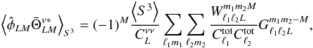 Mathematical equation: \begin{eqnarray} \left< \hat{\phi}_{LM} \bar{\Theta}_{LM}^{\nu *} \right>_{S^3} = (-1)^M \frac{\left<S^3\right>}{C_L^{\nu\nu}} \sum_{\ell_1 m_1} \sum_{\ell_2 m_2} \frac{W_{\ell_1 \ell_2 L}^{m_1 m_2 M}}{C_{\ell_1}^{\rm tot}C_{\ell_2}^{\rm tot}} G_{\ell_1 \ell_2 L}^{m_1 m_2 -M}, \label{eqn:ps_estimator} \end{eqnarray}