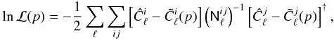 Mathematical equation: \begin{eqnarray} \ln{\mathcal{L}(p)} = -\frac{1}{2} \sum_{\ell} \sum_{ij} \left[ \hat{C}^i_{\ell} - \tilde{C}^i_{\ell}(p) \right] \left(\tens{N}^{ij}_{\ell}\right)^{-1} \left[ \hat{C}^j_{\ell} - \tilde{C}^j_{\ell}(p) \right]^{\dagger}, \label{eqn:log_likelihood} \end{eqnarray}